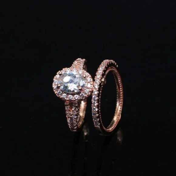NEW 2PC/Set Oval Diamond Halo Rose Gold Ring